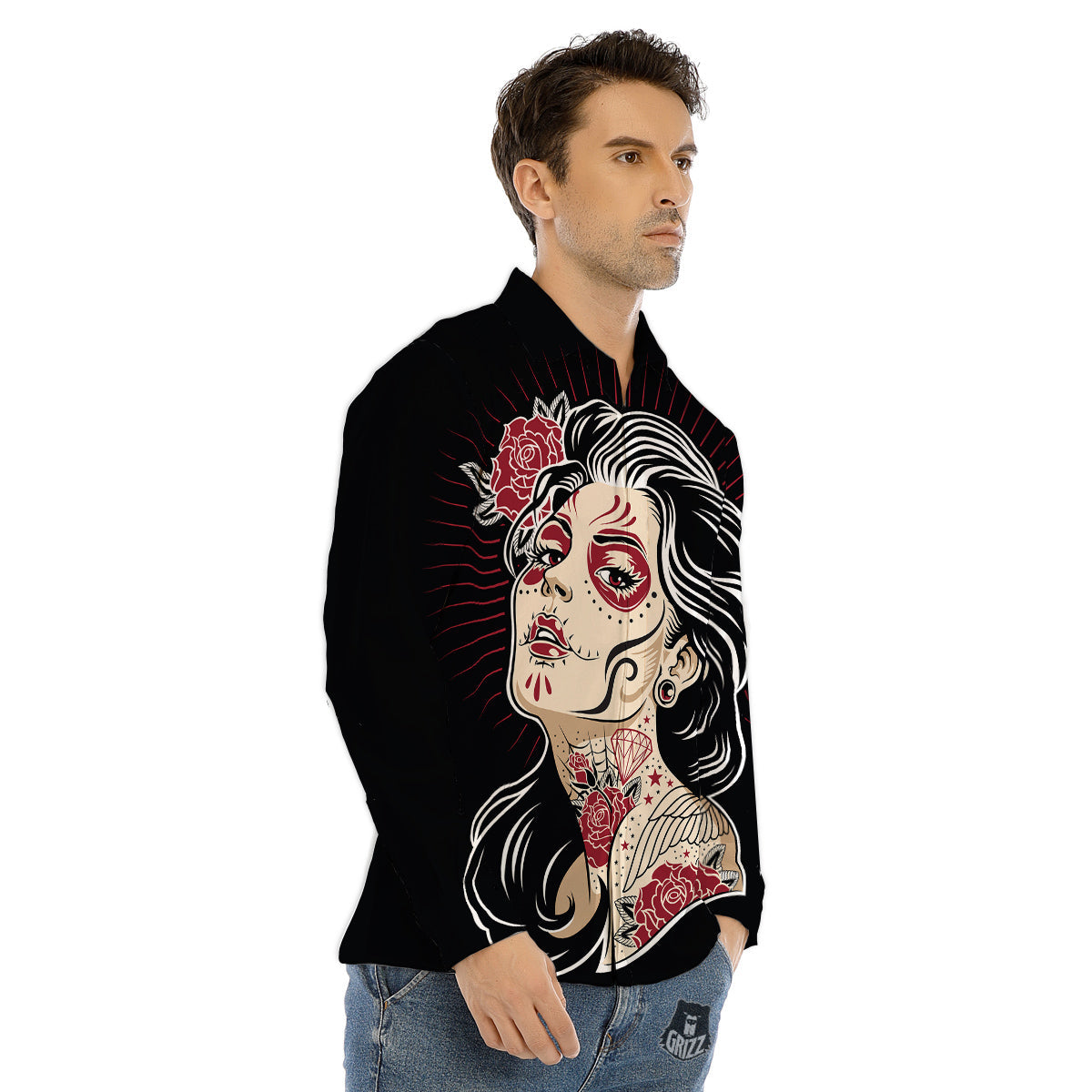 Day of The Dead Calavera Girl Print Men's Dress Shirts-grizzshop