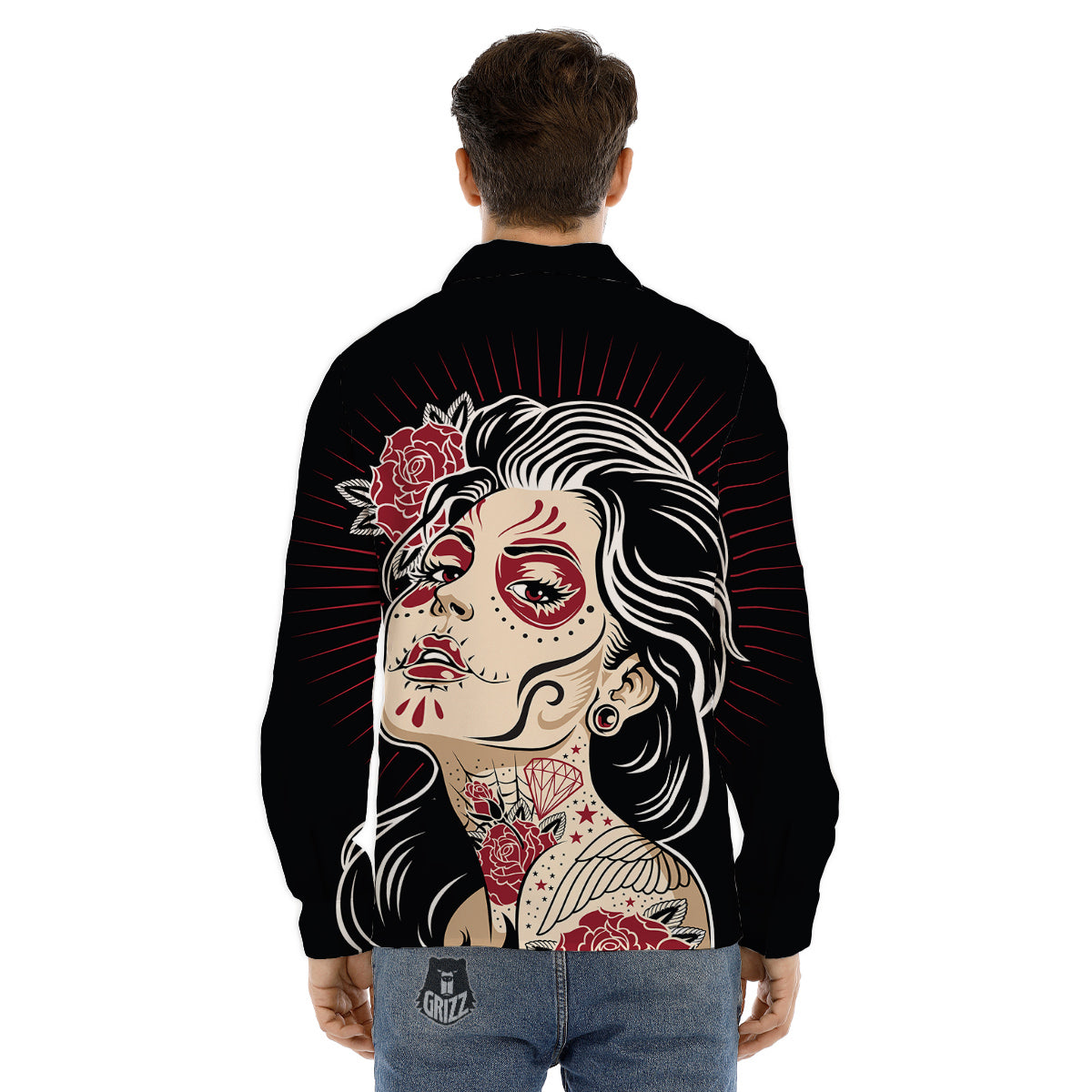 Day of The Dead Calavera Girl Print Men's Dress Shirts-grizzshop