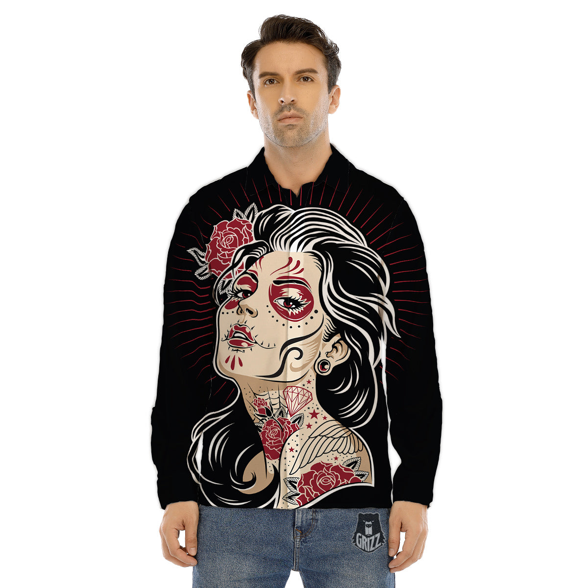 Day of The Dead Calavera Girl Print Men's Dress Shirts-grizzshop