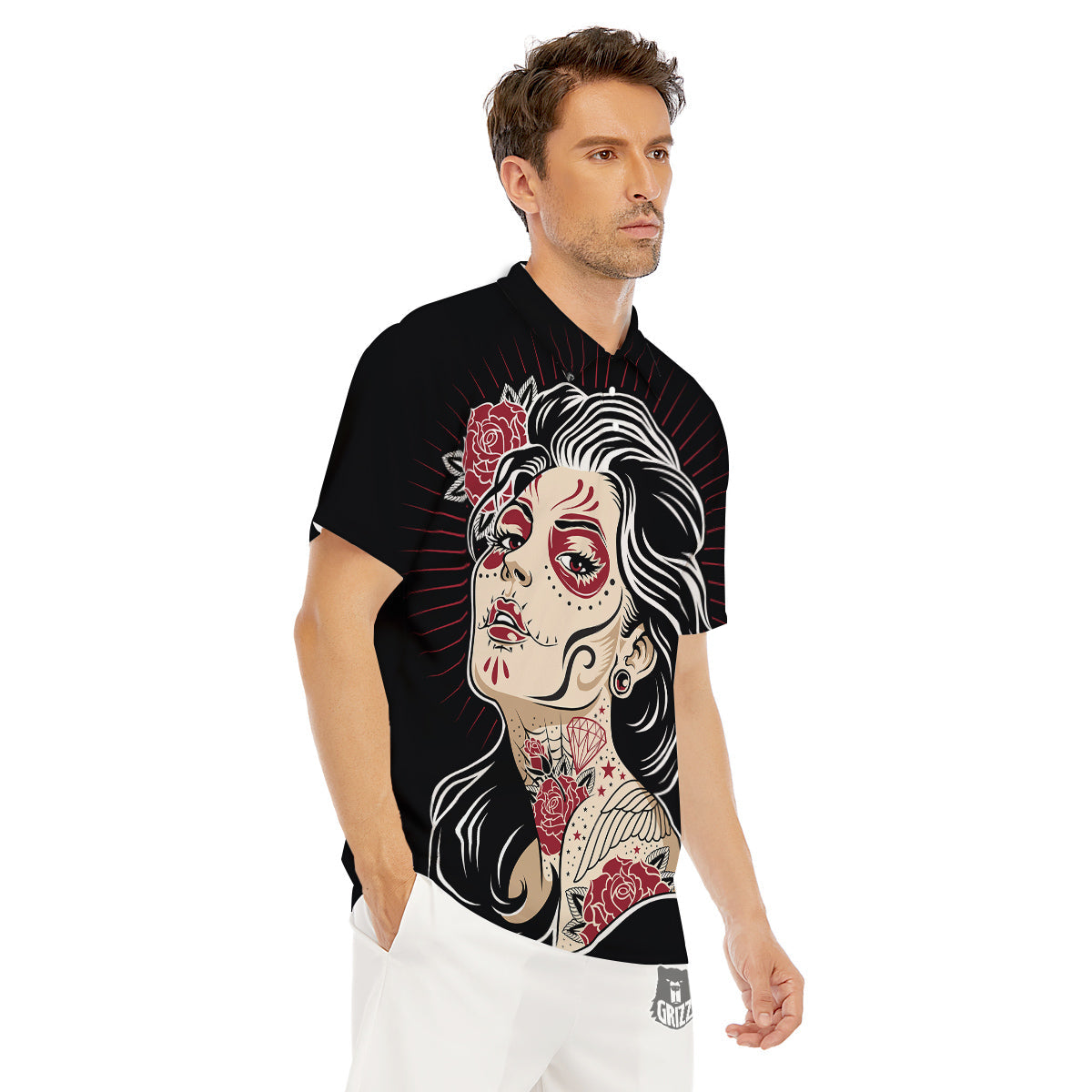 Day of The Dead Calavera Girl Print Men's Golf Shirts-grizzshop