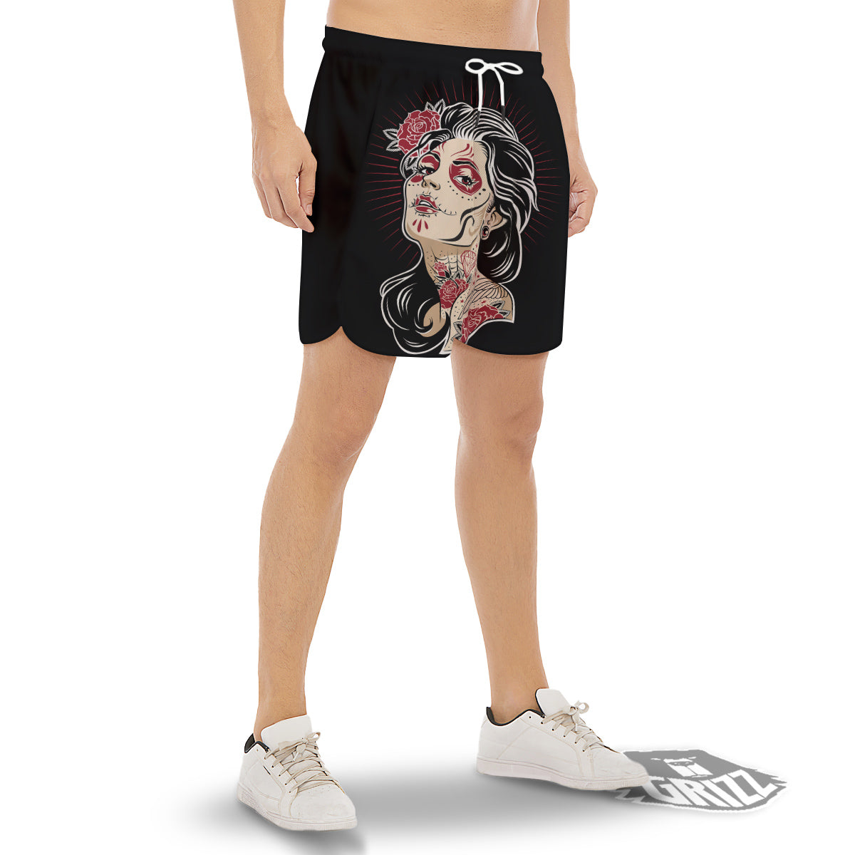Day of The Dead Calavera Girl Print Men's Gym Shorts-grizzshop