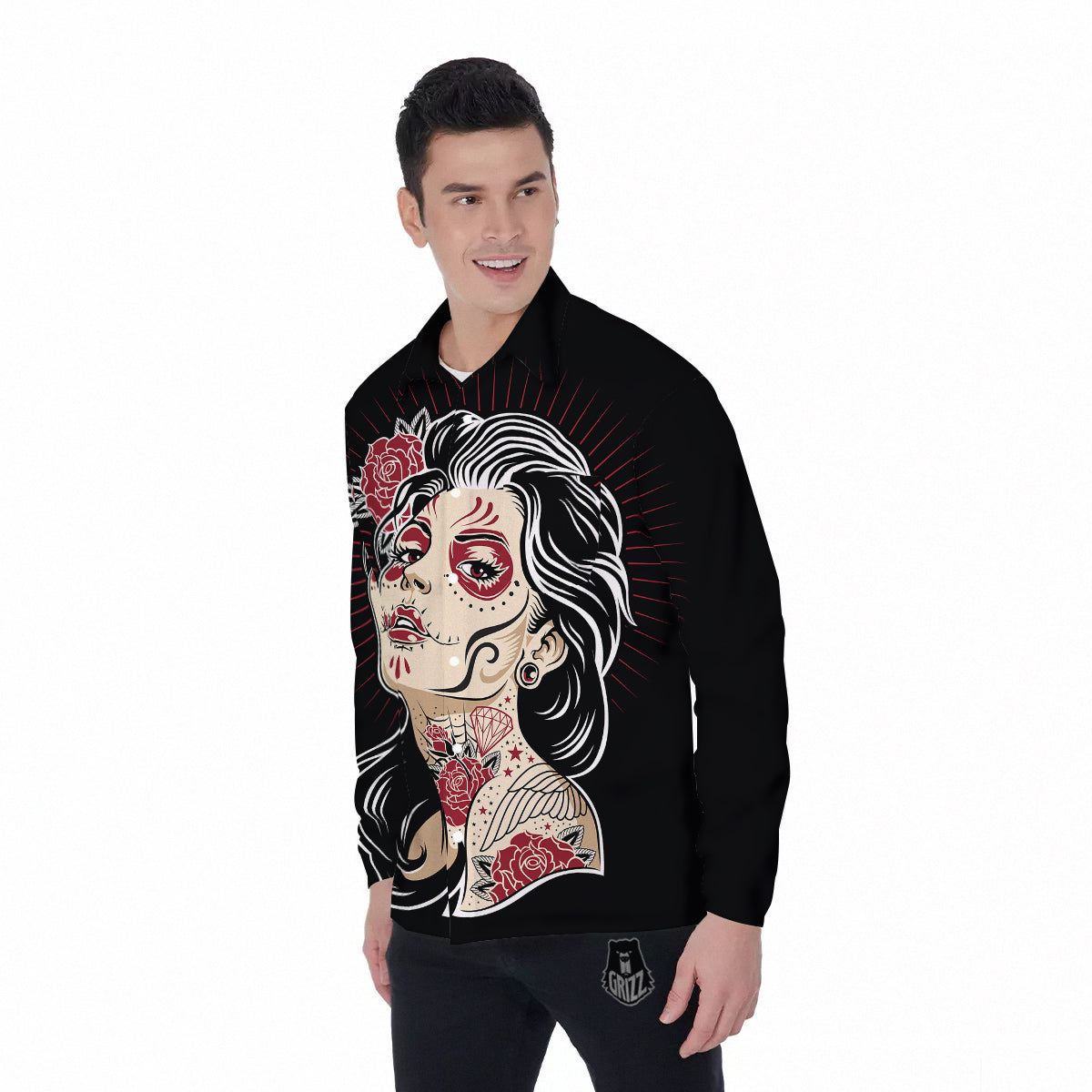 Day of The Dead Calavera Girl Print Men's Long Sleeve Shirts-grizzshop