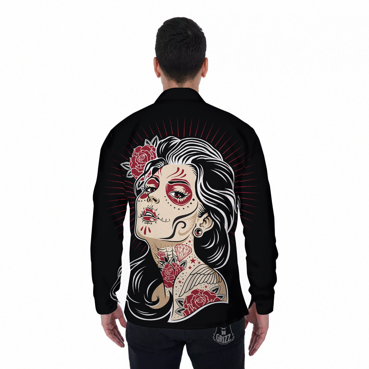 Day of The Dead Calavera Girl Print Men's Long Sleeve Shirts-grizzshop