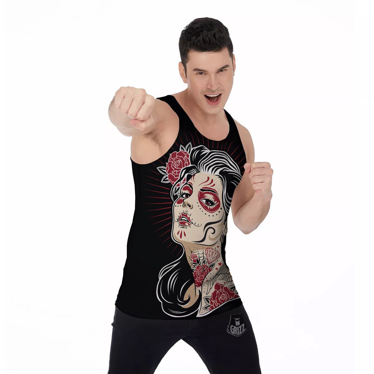 Day of The Dead Calavera Girl Print Men's Tank Top-grizzshop