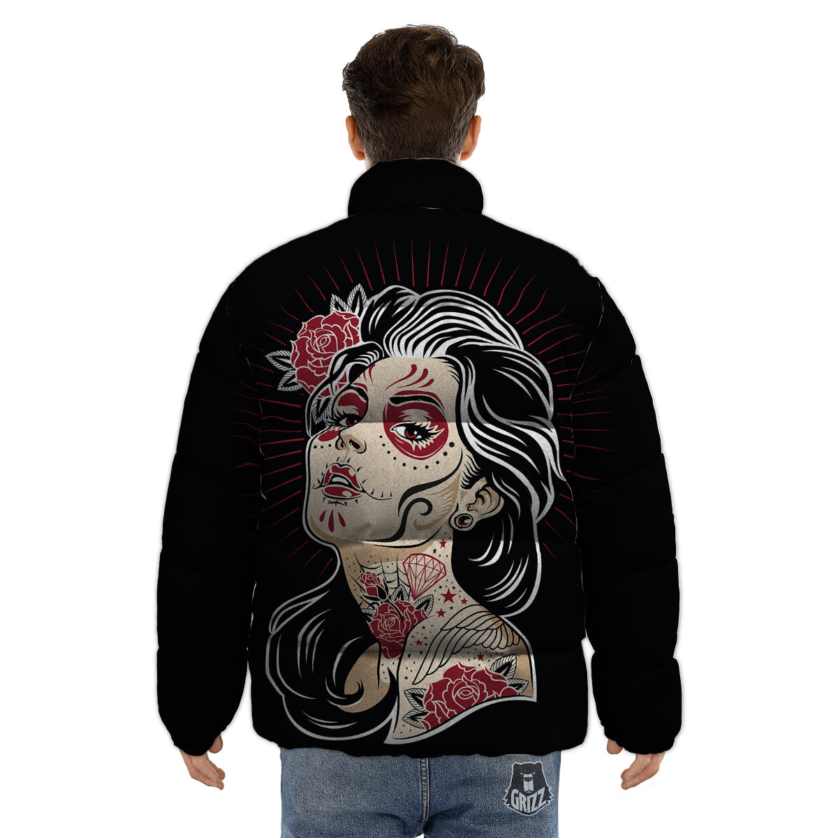 Day of The Dead Calavera Girl Print Puffer Jacket-grizzshop
