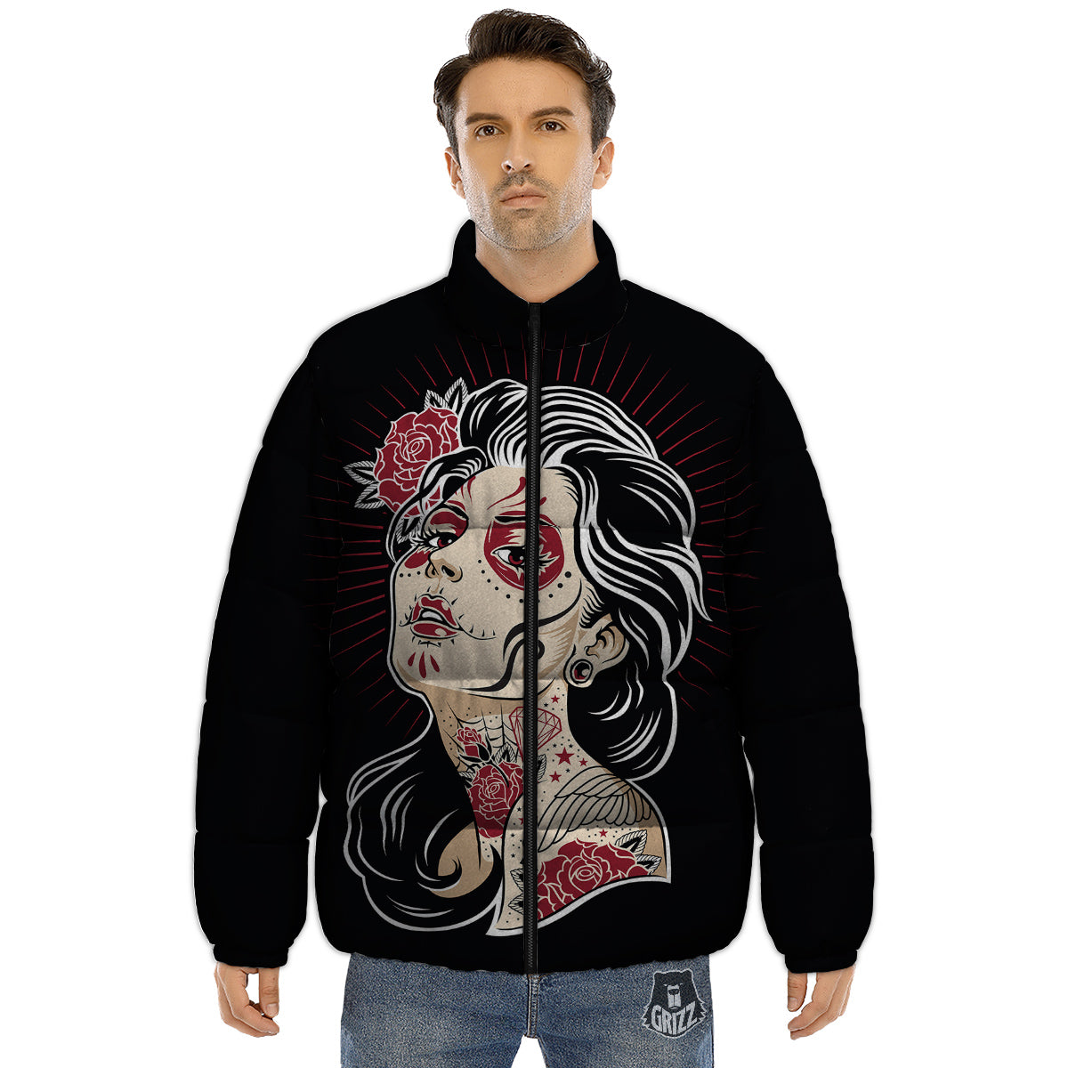 Day of The Dead Calavera Girl Print Puffer Jacket-grizzshop