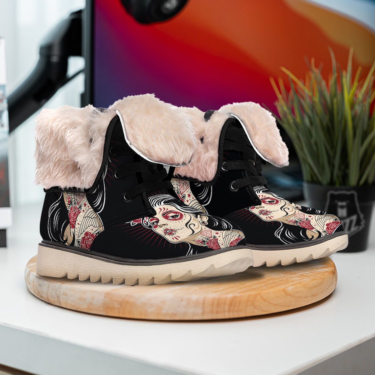 Day of The Dead Calavera Girl Print Snow Boots-grizzshop