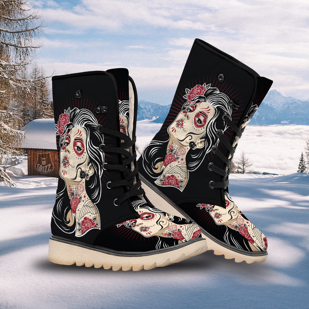 Day of The Dead Calavera Girl Print Snow Boots-grizzshop
