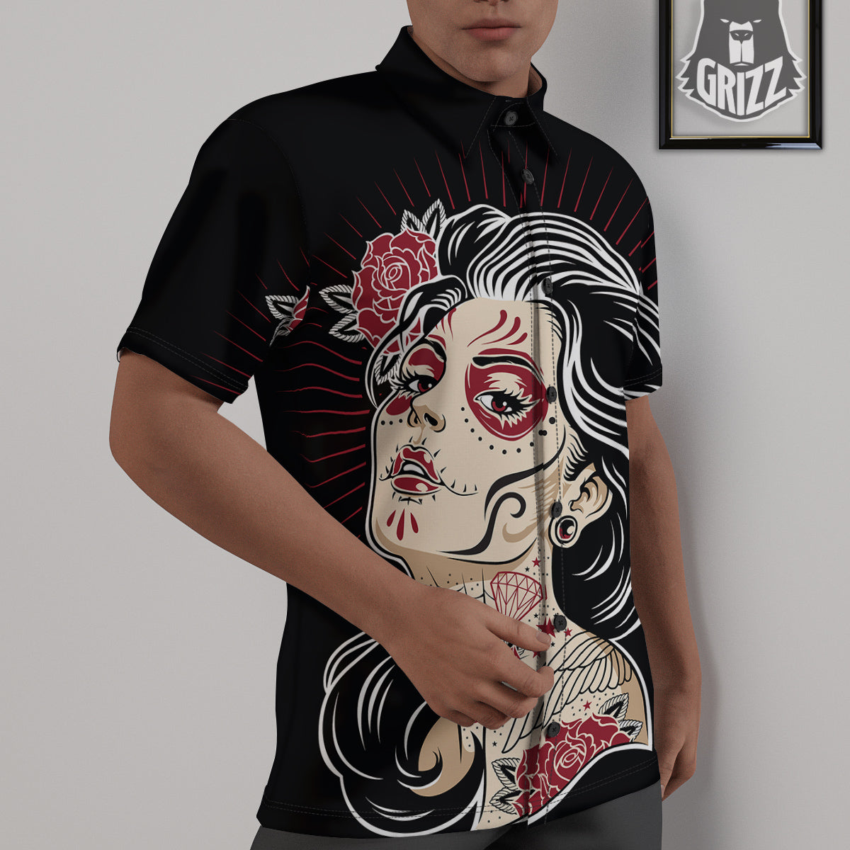 Day of The Dead Calavera Girl Print Untucked Shirts-grizzshop