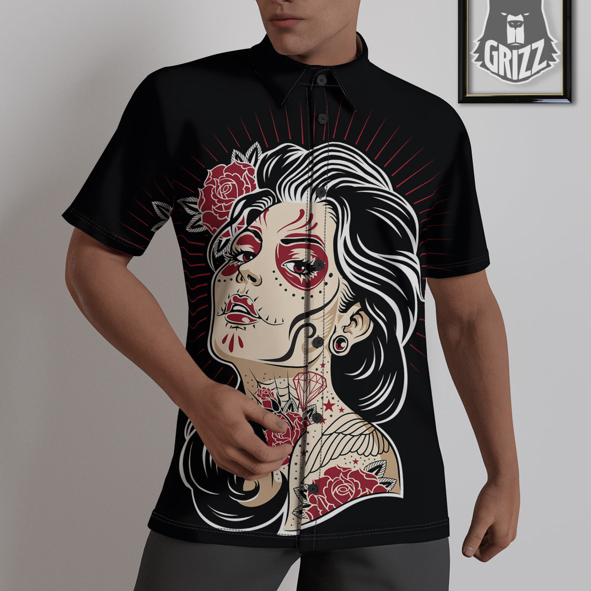 Day of The Dead Calavera Girl Print Untucked Shirts-grizzshop