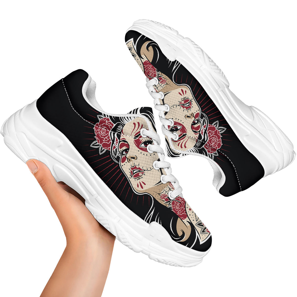Day of The Dead Calavera Girl Print White Chunky Shoes-grizzshop