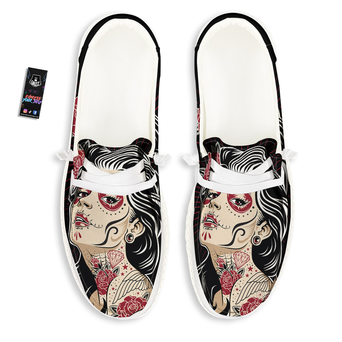Day of The Dead Calavera Girl Print White Loafers-grizzshop