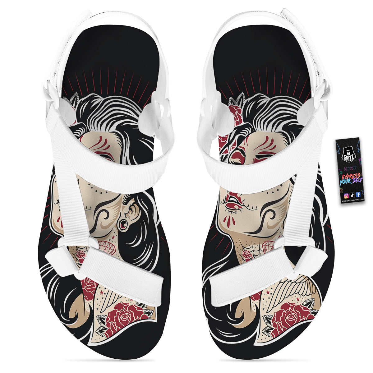 Day of The Dead Calavera Girl Print White Open Toe Sandals-grizzshop