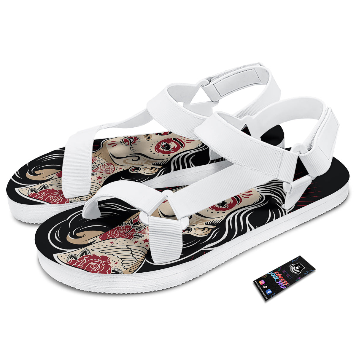 Day of The Dead Calavera Girl Print White Open Toe Sandals-grizzshop