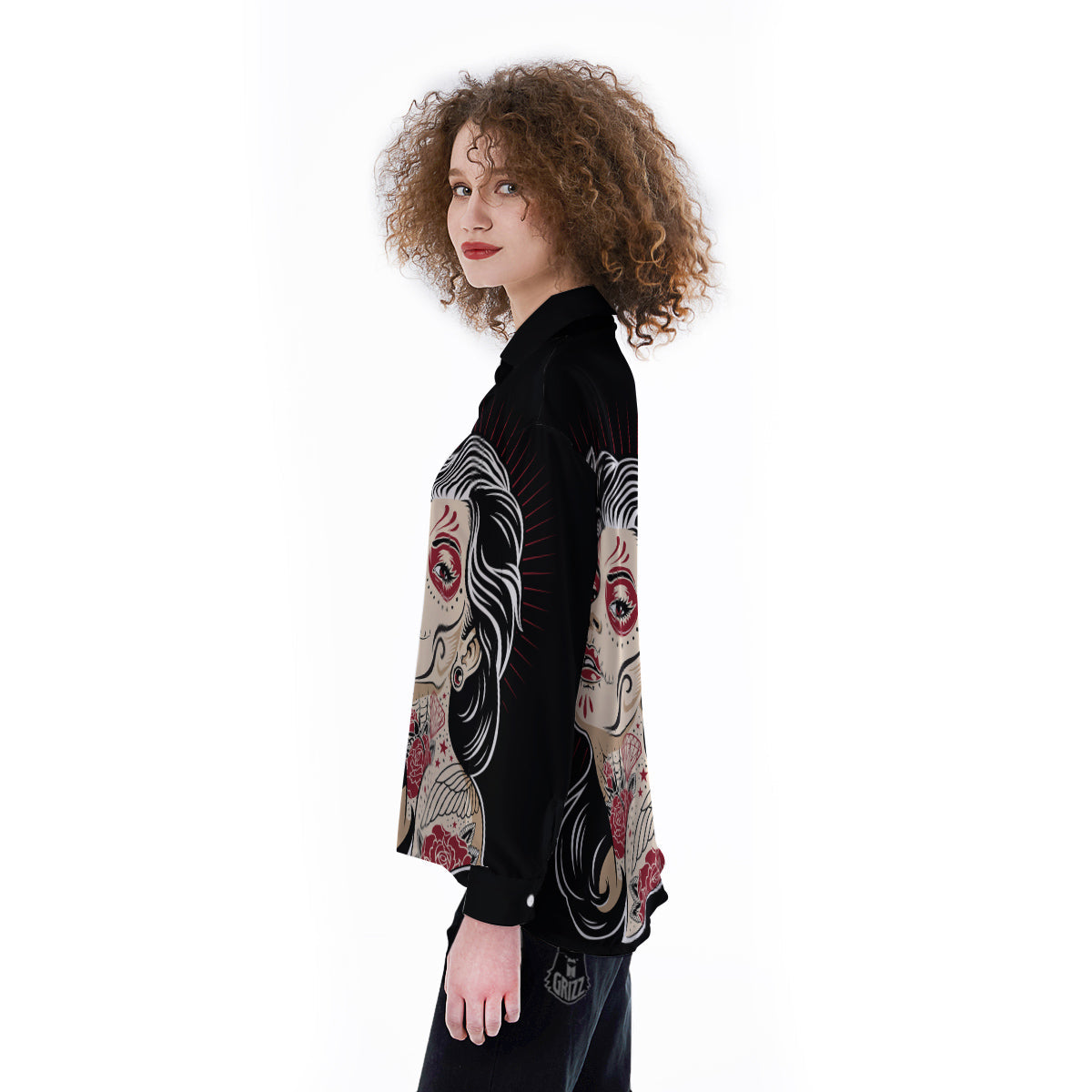 Day of The Dead Calavera Girl Print Women's Long Sleeve Shirts-grizzshop