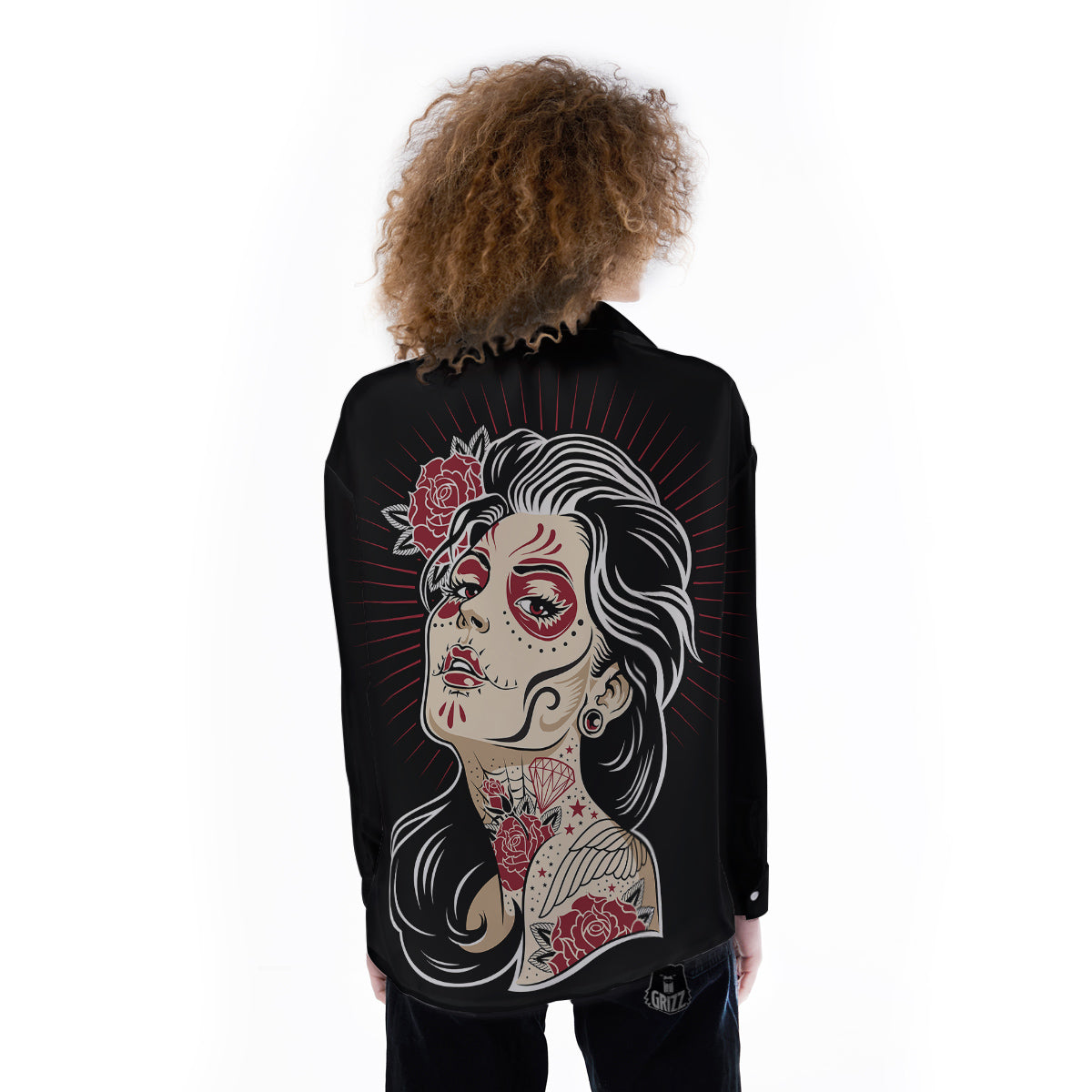 Day of The Dead Calavera Girl Print Women's Long Sleeve Shirts-grizzshop