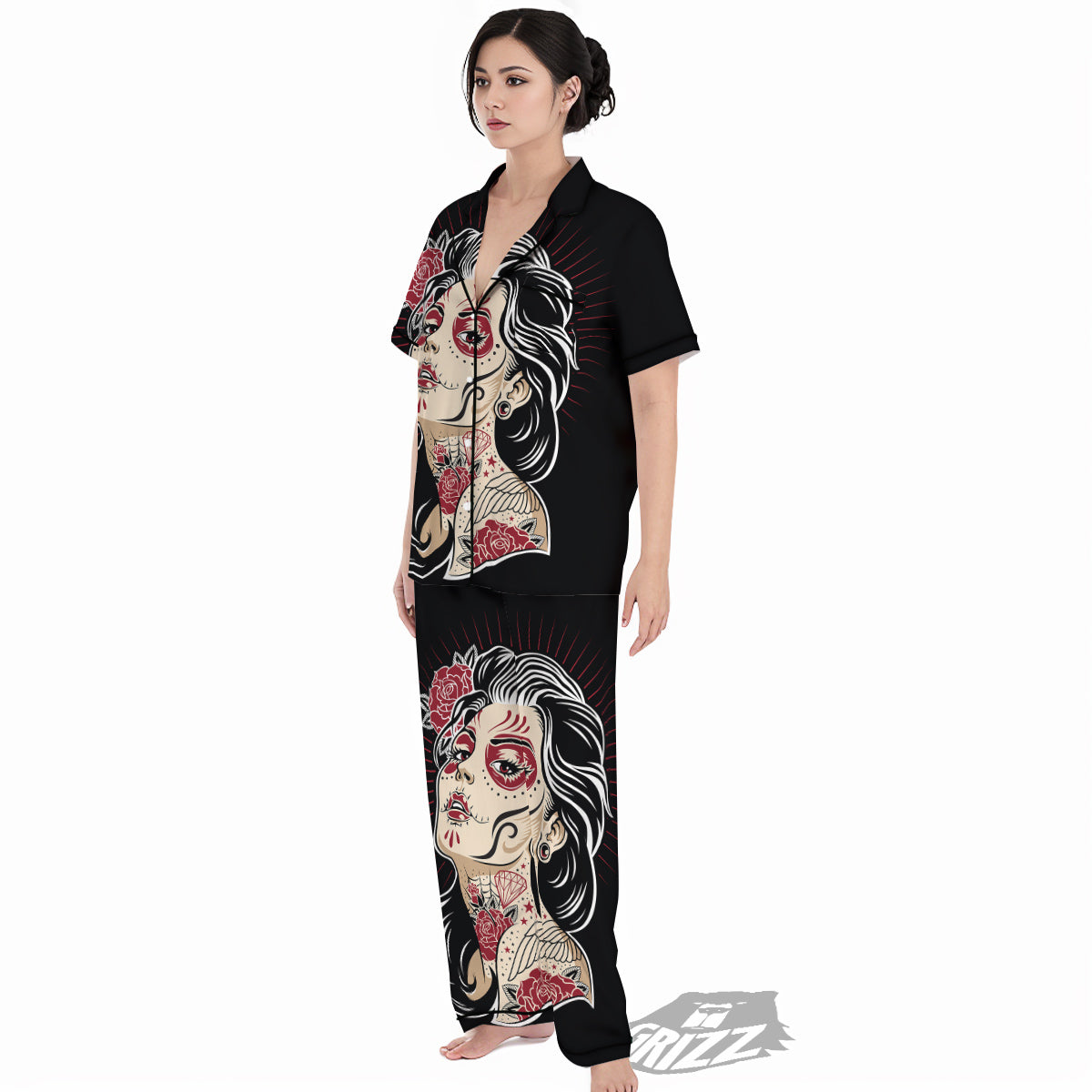 Day of The Dead Calavera Girl Print Women's Pajamas Set-grizzshop