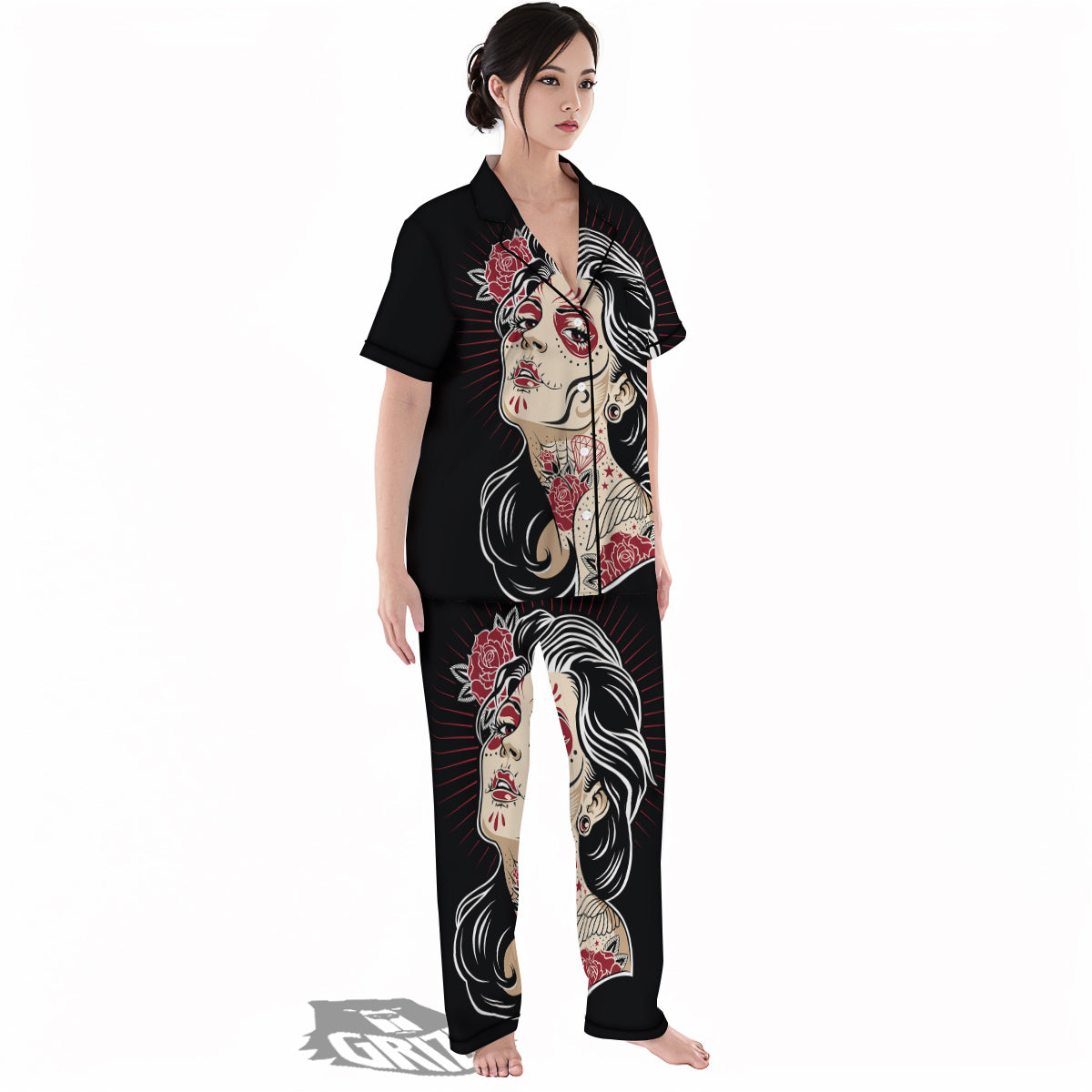 Day of The Dead Calavera Girl Print Women's Pajamas Set-grizzshop