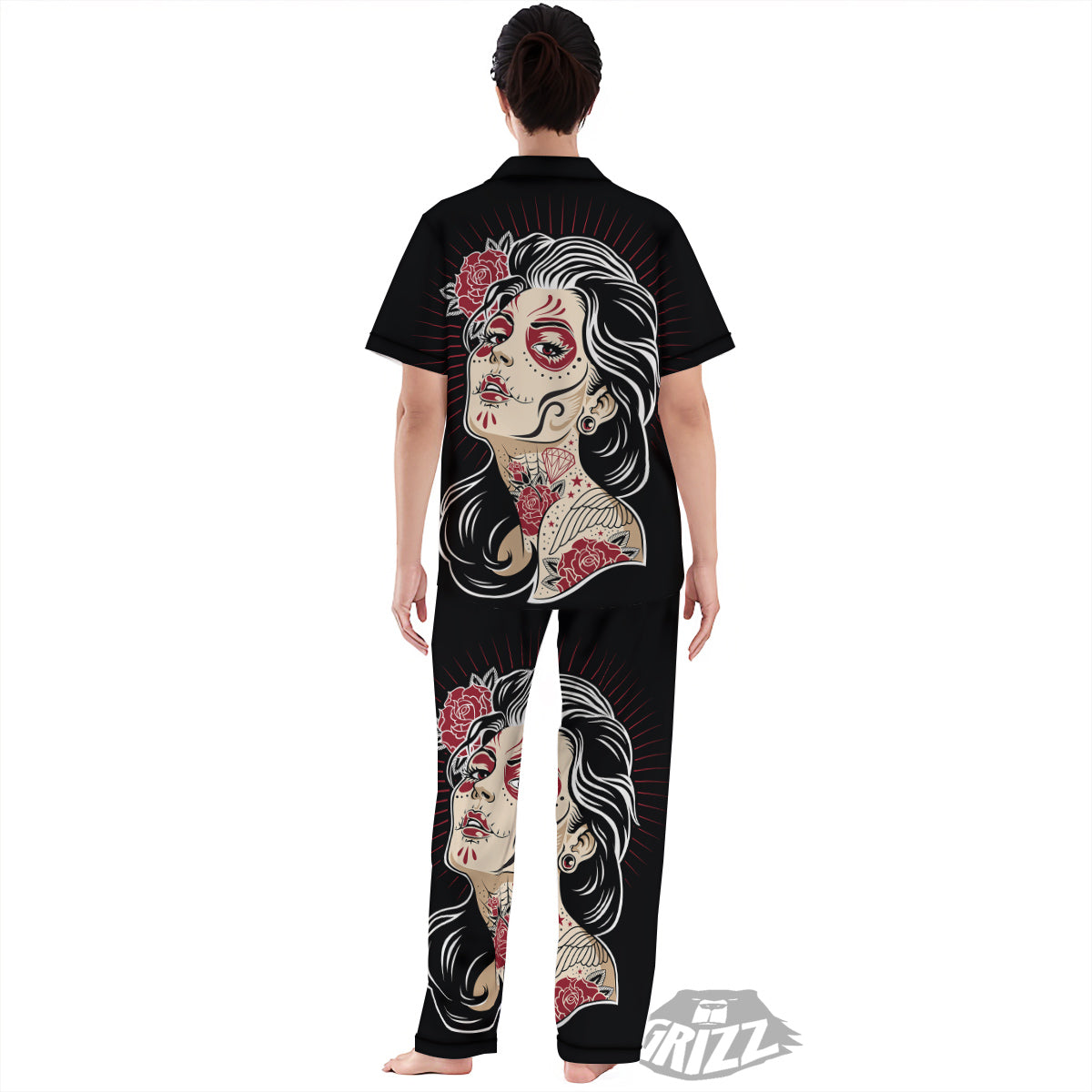 Day of The Dead Calavera Girl Print Women's Pajamas Set-grizzshop