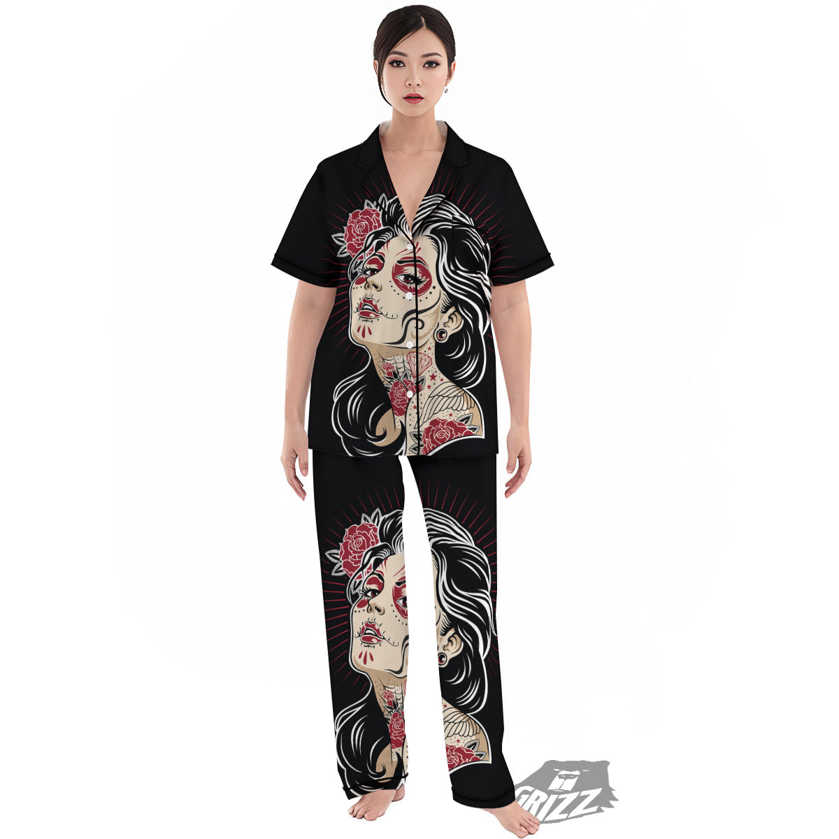 Day of The Dead Calavera Girl Print Women's Pajamas Set-grizzshop