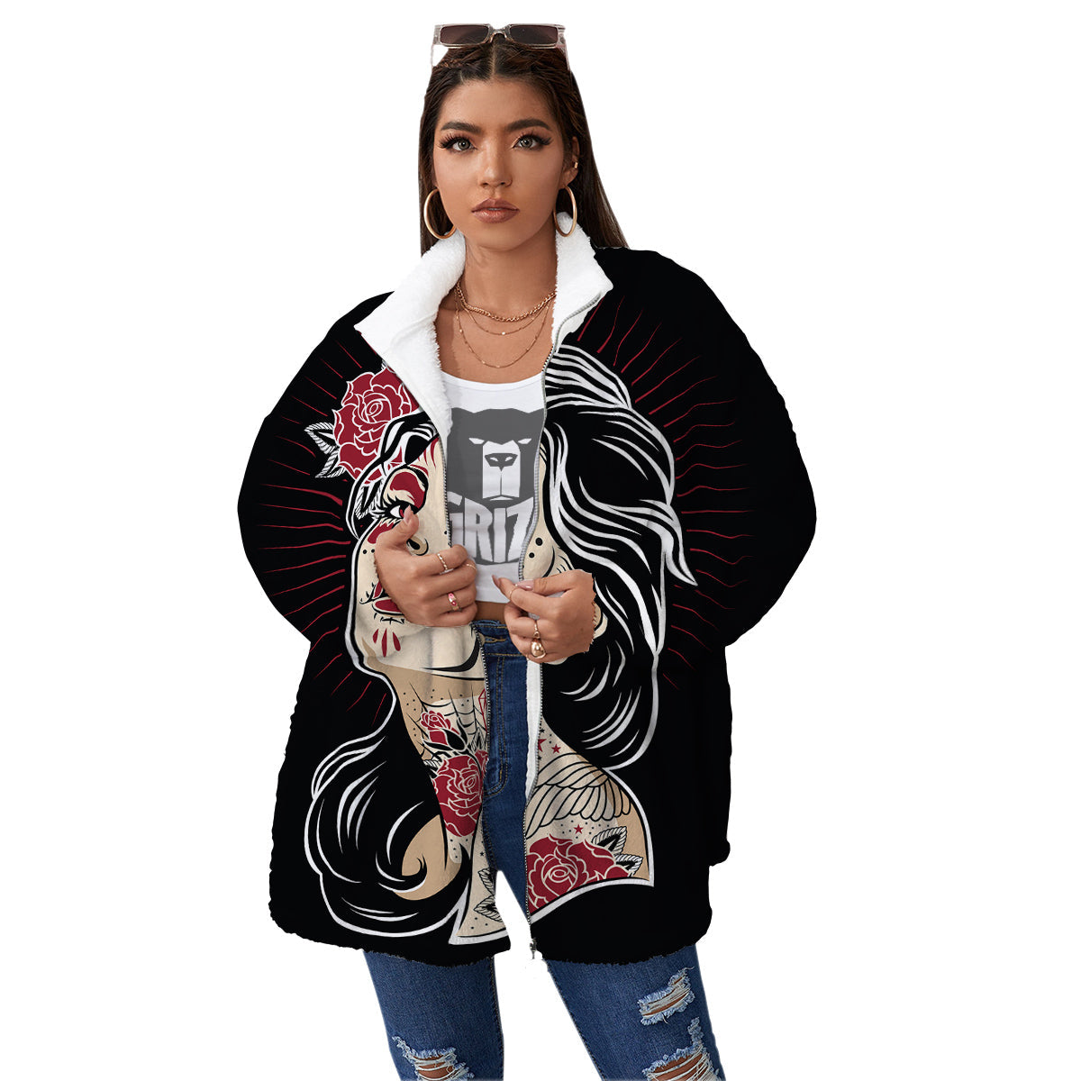Day of The Dead Calavera Girl Print Women's Sherpa Jacket-grizzshop