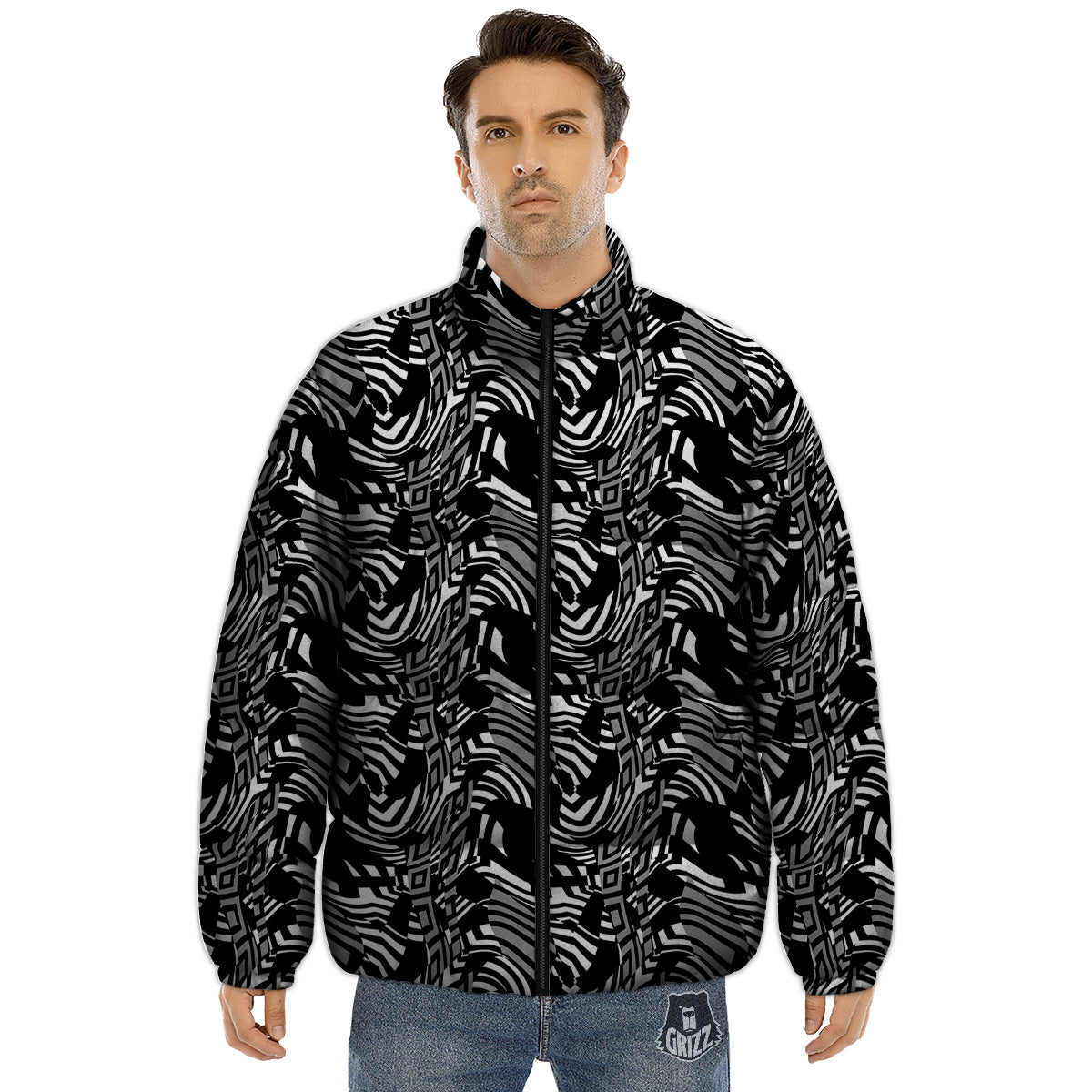 Dazzle Abstract Print Pattern Puffer Jacket-grizzshop