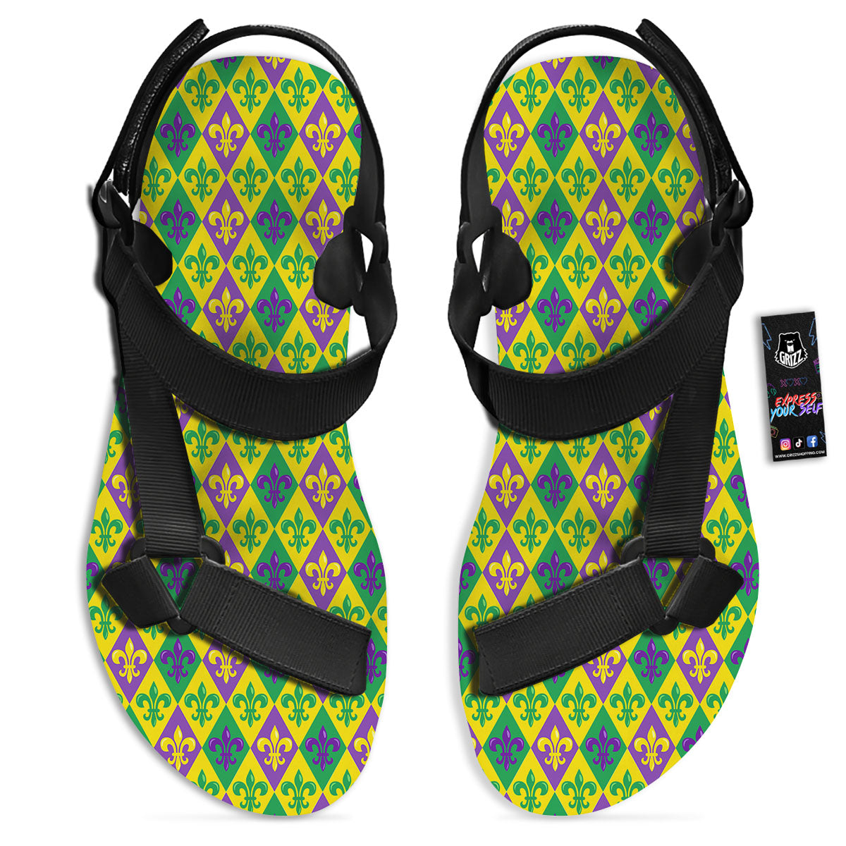 De Lis Mardi Gras Print Pattern Black Open Toe Sandals-grizzshop