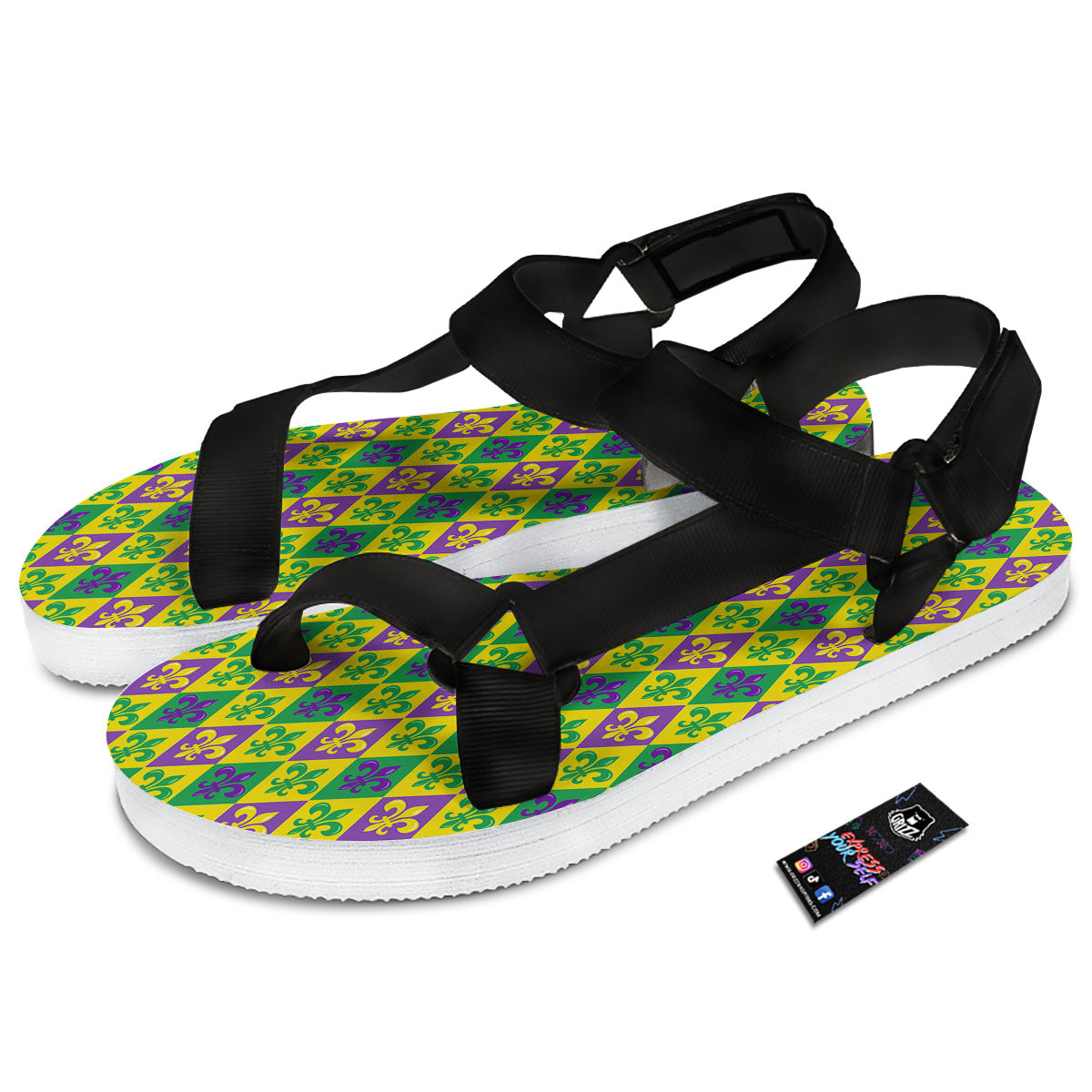 De Lis Mardi Gras Print Pattern Black Open Toe Sandals-grizzshop