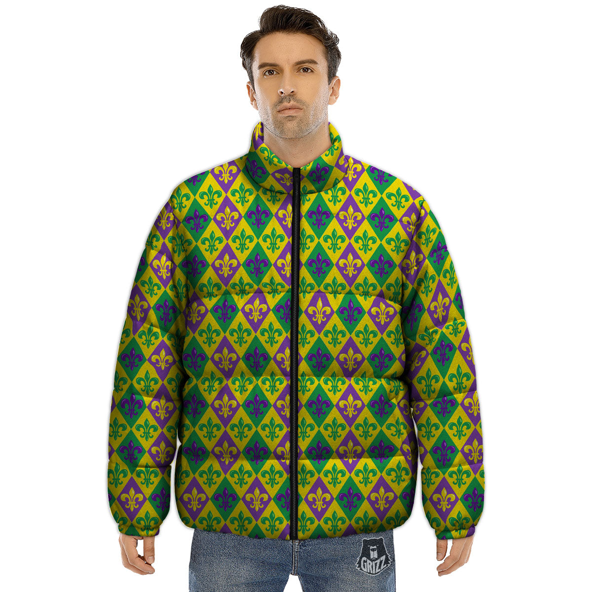 De Lis Mardi Gras Print Pattern Puffer Jacket-grizzshop