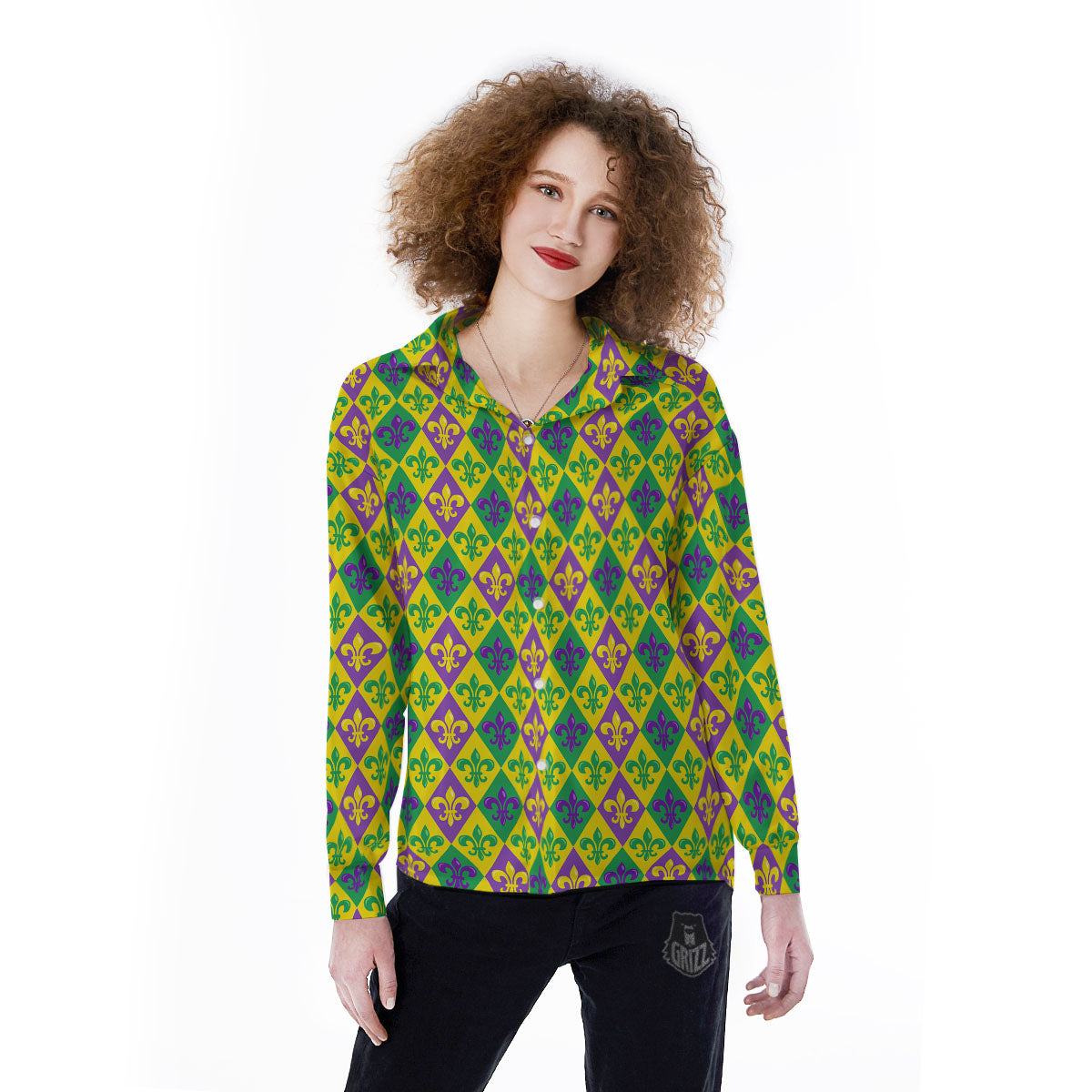 De Lis Mardi Gras Print Pattern Women's Long Sleeve Shirts-grizzshop