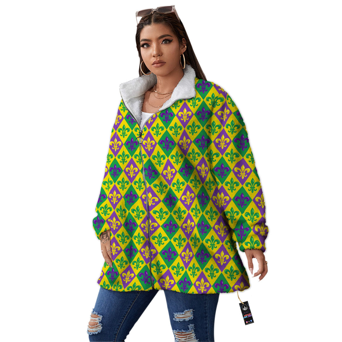 De Lis Mardi Gras Print Pattern Women's Sherpa Jacket-grizzshop