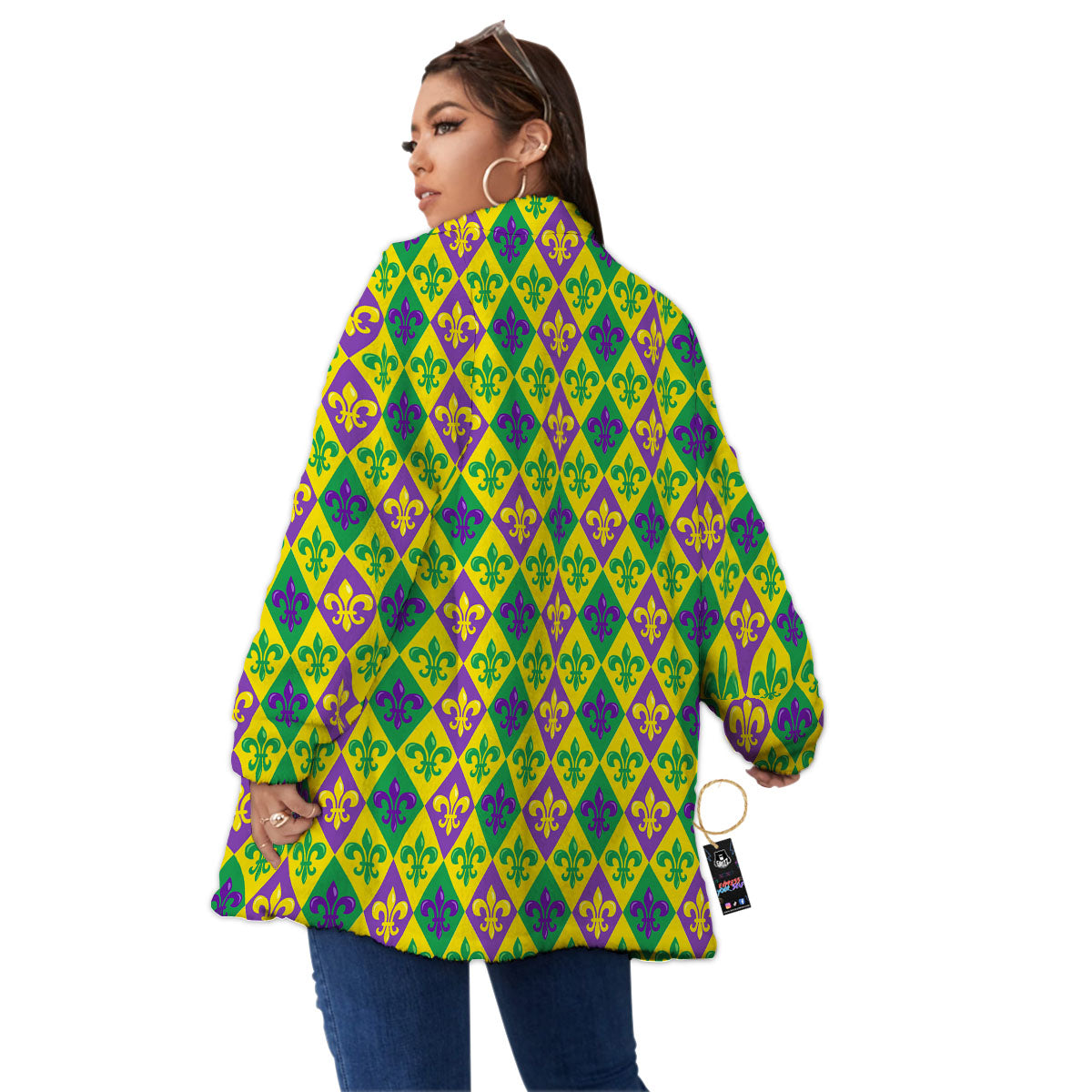 De Lis Mardi Gras Print Pattern Women's Sherpa Jacket-grizzshop