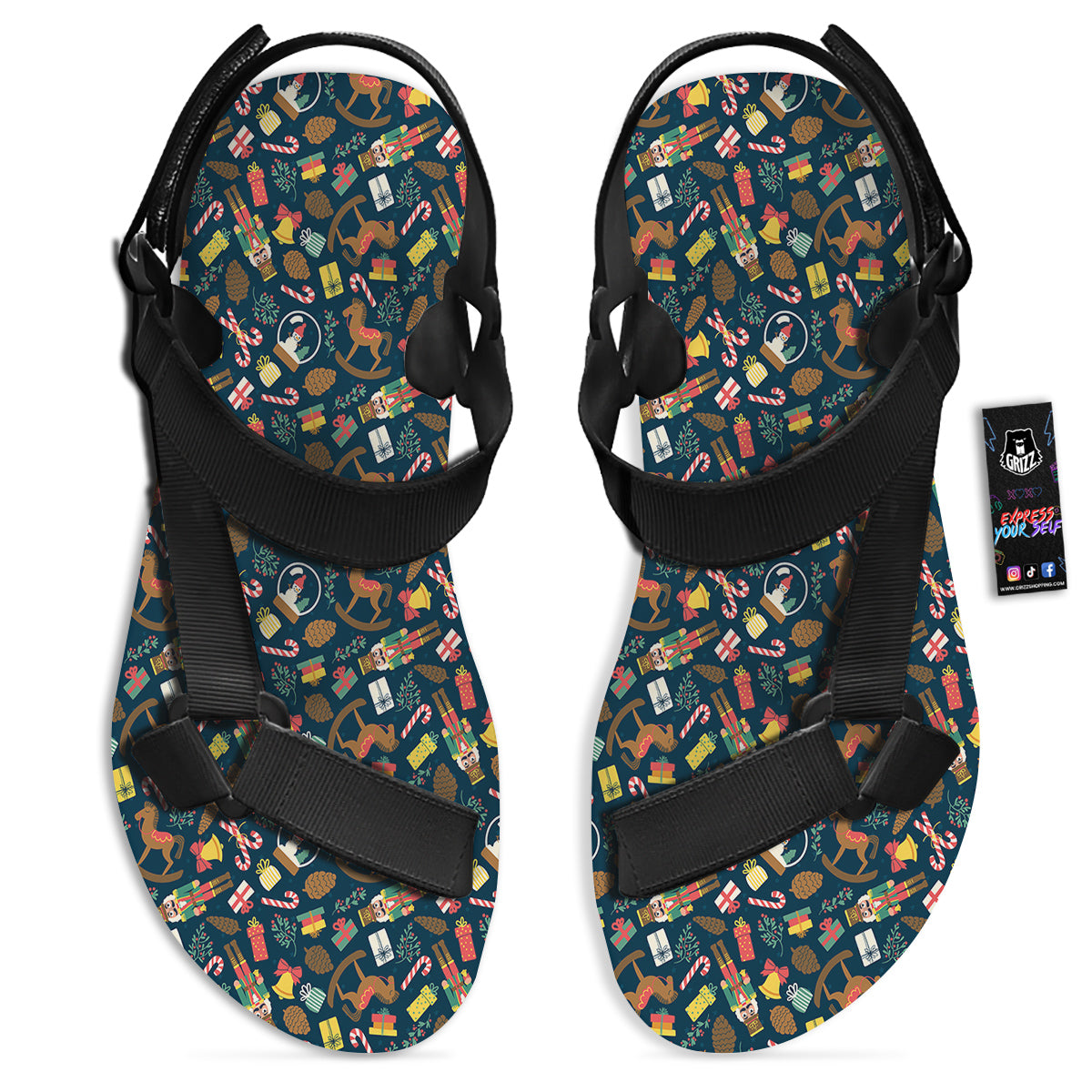 Decorations Christmas Print Pattern Black Open Toe Sandals-grizzshop