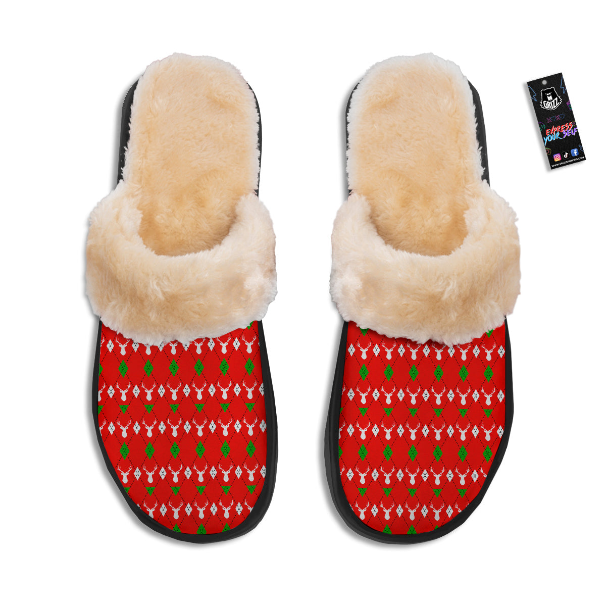 Deer Argyle Christmas Print Pattern Slippers-grizzshop