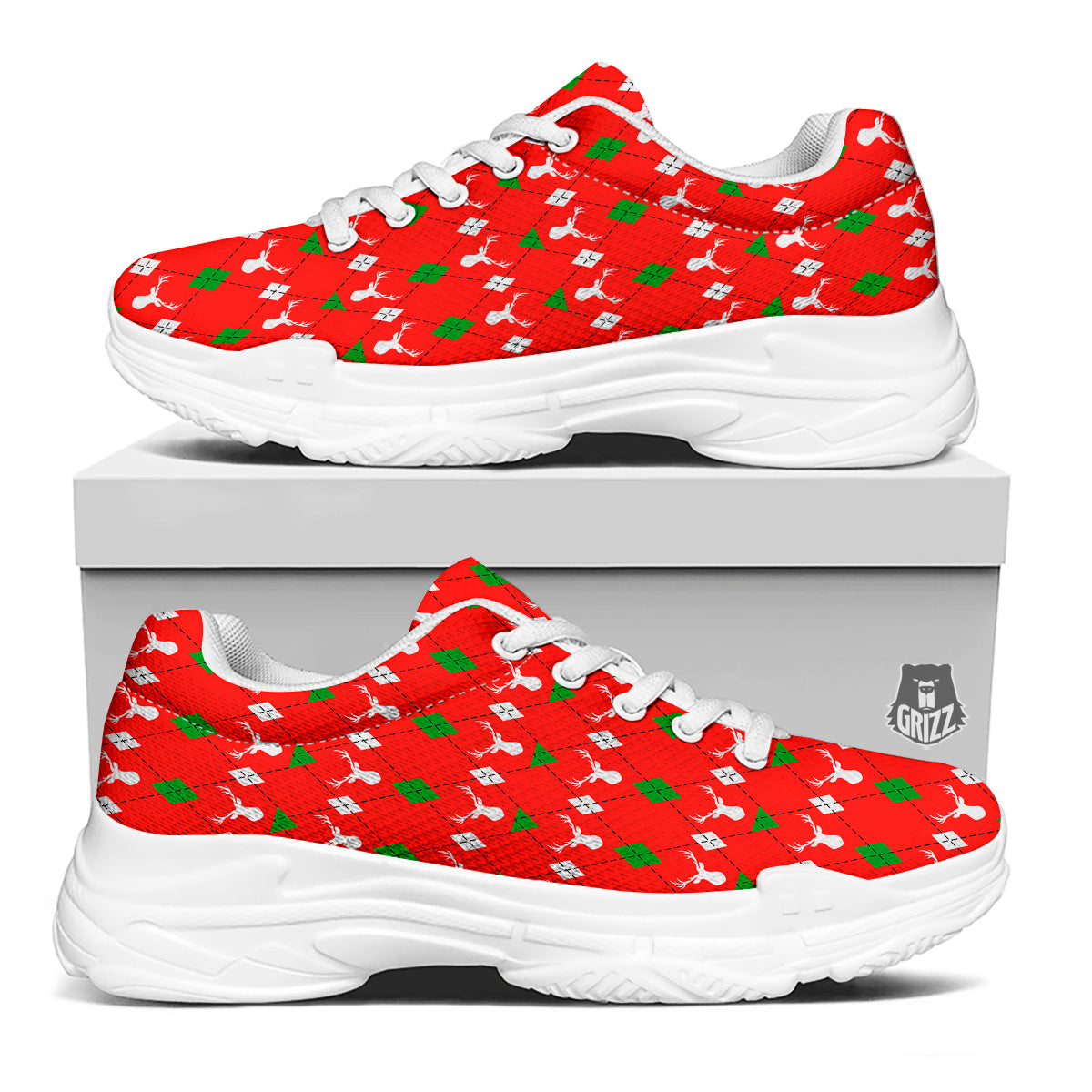 Deer Argyle Christmas Print Pattern White Chunky Shoes-grizzshop