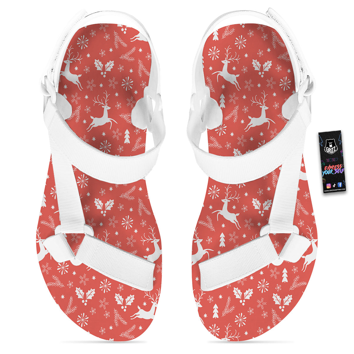 Deer Christmas Print Pattern White Open Toe Sandals-grizzshop