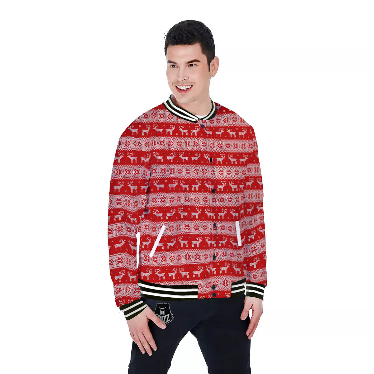 Deer Knitted Christmas Print Pattern Baseball Jacket-grizzshop