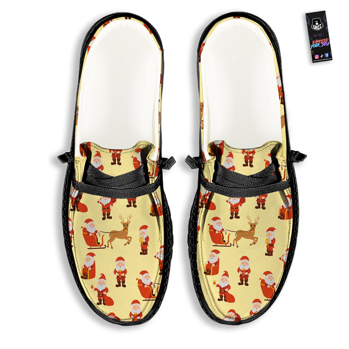 Deer Santa Claus Print Pattern Black Loafers-grizzshop