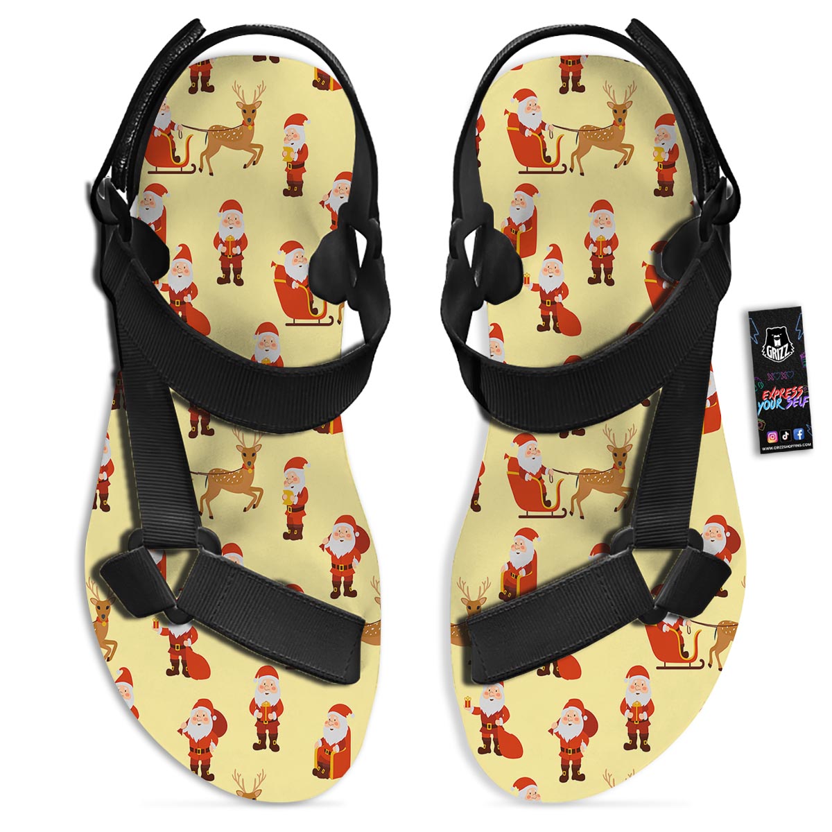 Deer Santa Claus Print Pattern Black Open Toe Sandals-grizzshop