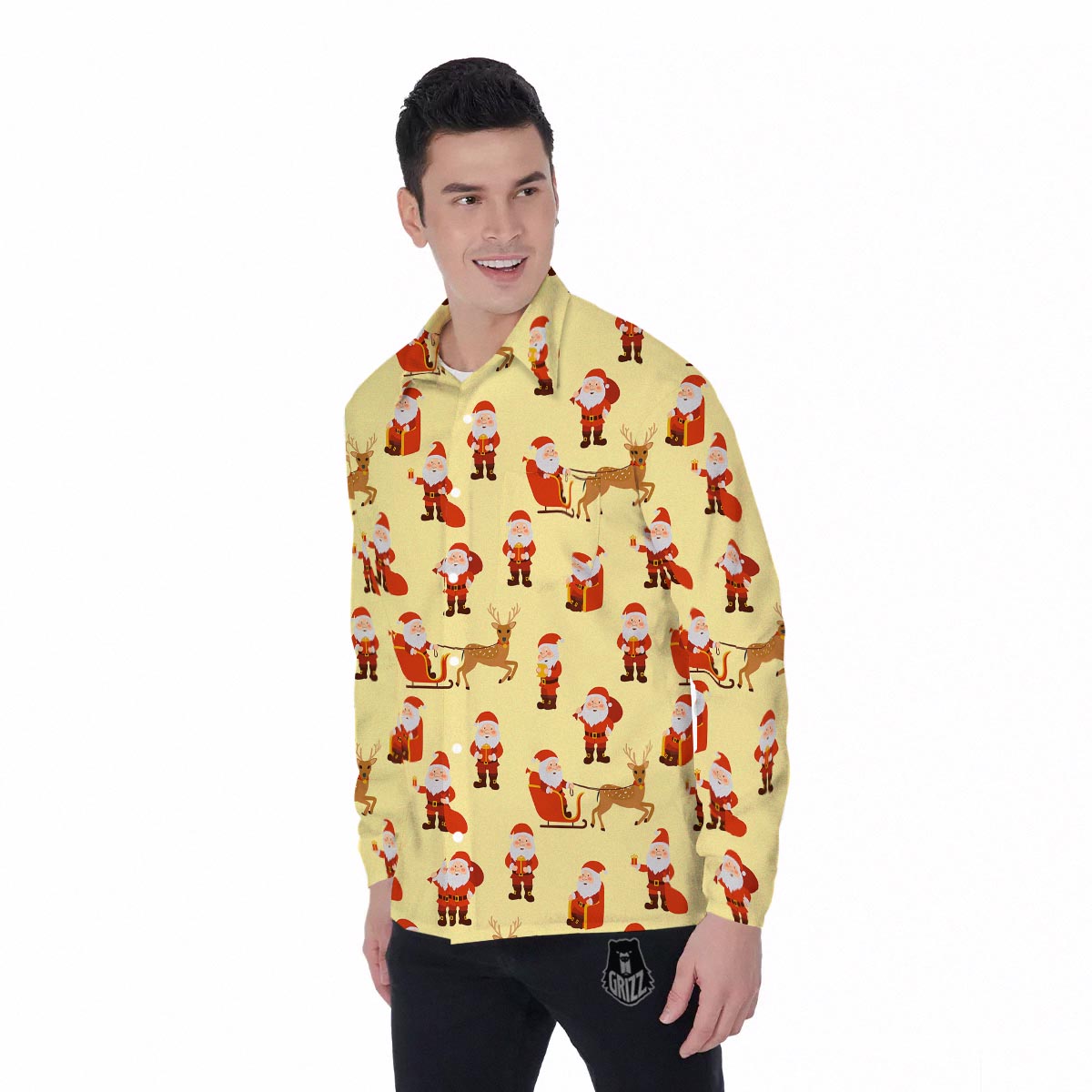 Deer Santa Claus Print Pattern Men's Long Sleeve Shirts-grizzshop