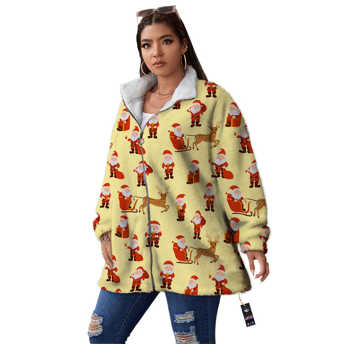 Deer Santa Claus Print Pattern Women's Sherpa Jacket-grizzshop