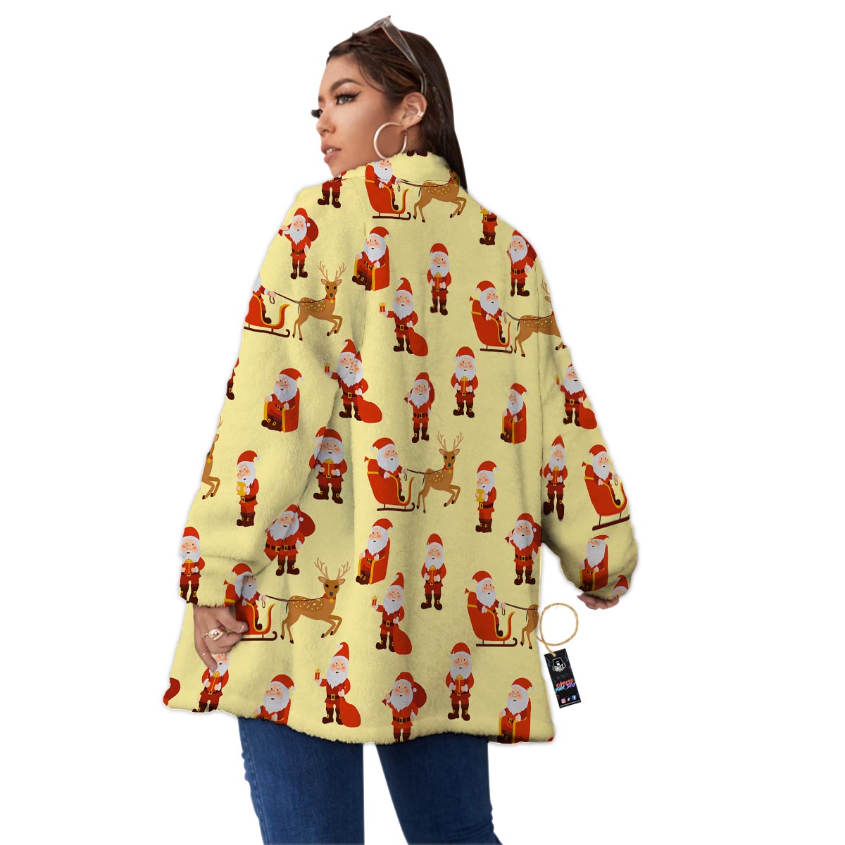 Deer Santa Claus Print Pattern Women's Sherpa Jacket-grizzshop