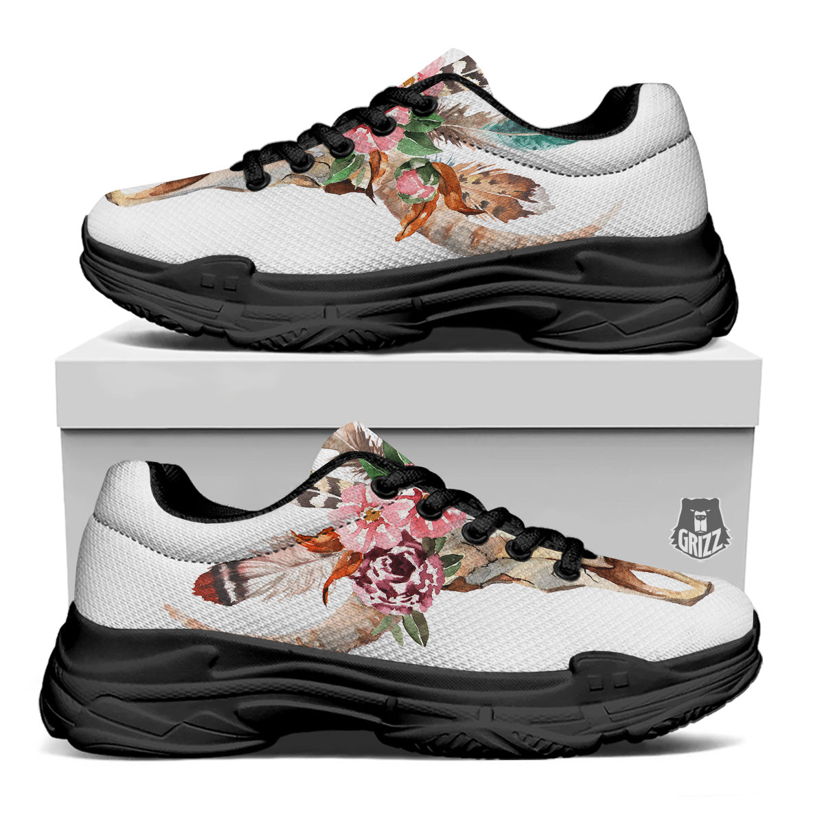 Deer Skull Boho Floral Print Black Chunky Shoes-grizzshop