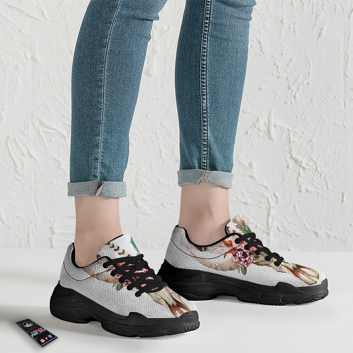 Deer Skull Boho Floral Print Black Chunky Shoes-grizzshop