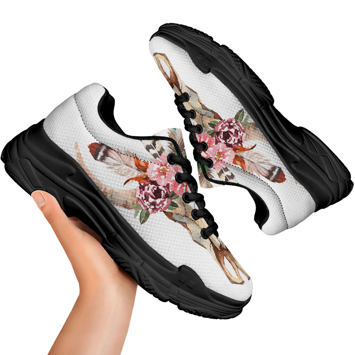 Deer Skull Boho Floral Print Black Chunky Shoes-grizzshop