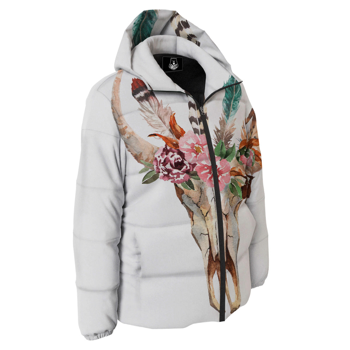 Deer Skull Boho Floral Print Down Jacket-grizzshop