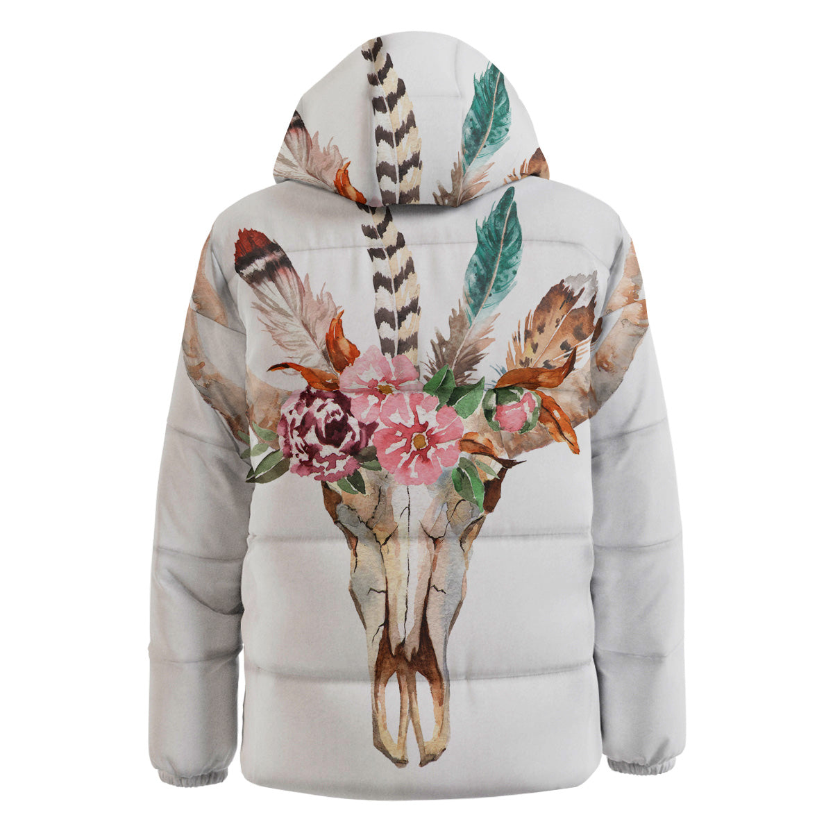 Deer Skull Boho Floral Print Down Jacket-grizzshop
