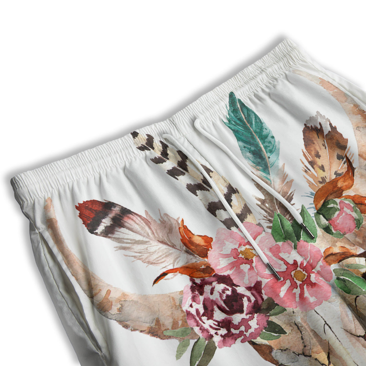 Deer Skull Boho Floral Print Men's Athletic Shorts