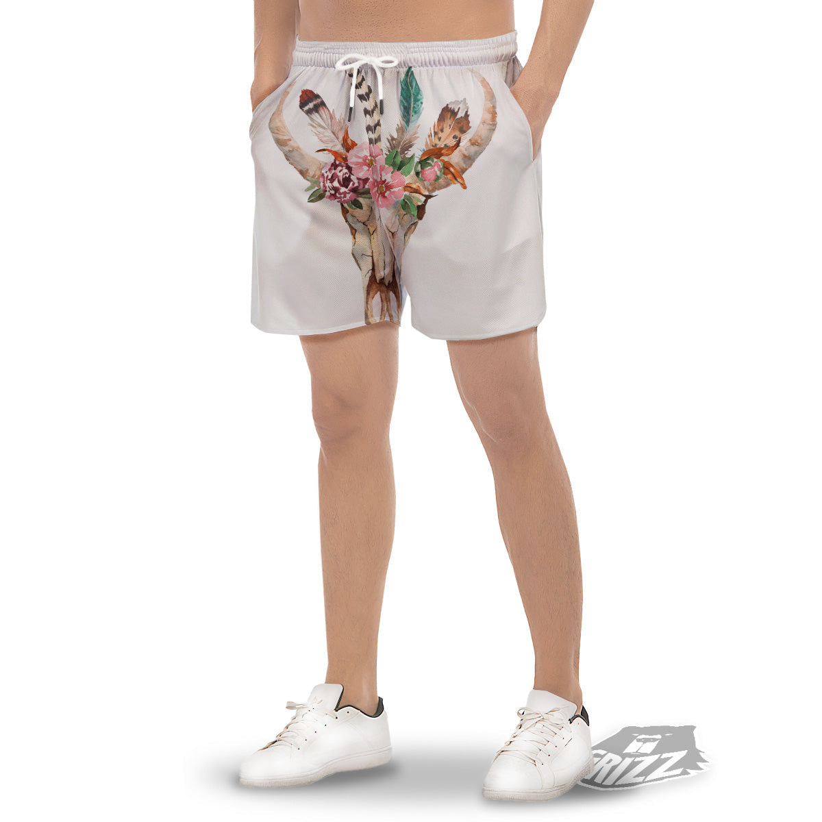 Deer Skull Boho Floral Print Men's Gym Shorts-grizzshop