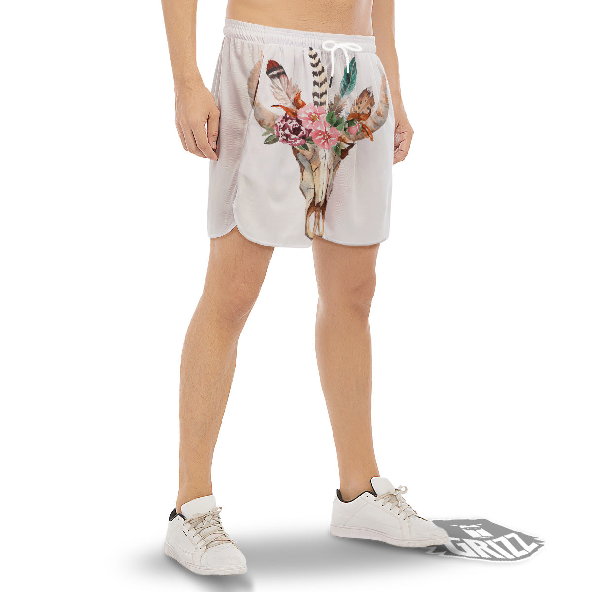 Deer Skull Boho Floral Print Men's Gym Shorts-grizzshop